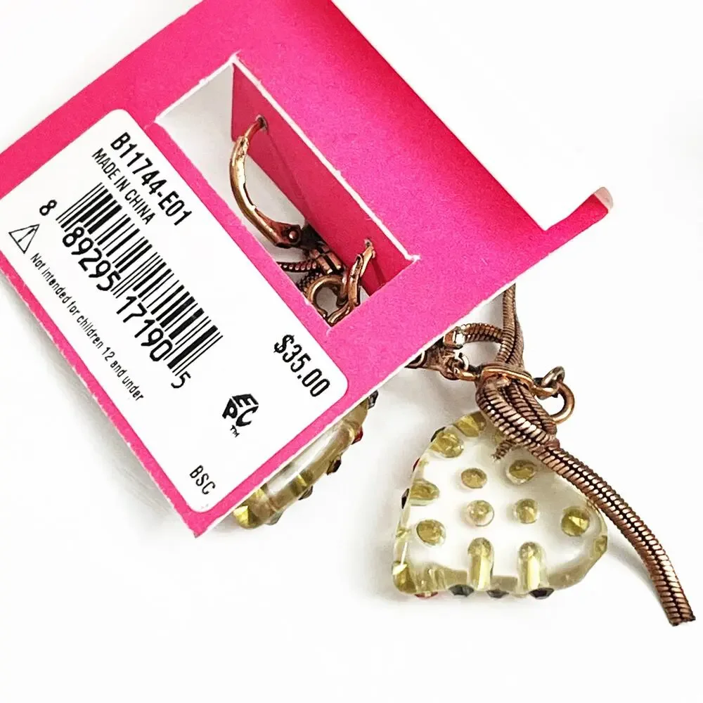 NEW Betsey Johnson Clear Lucite Heart with Crystal Drop Earrings